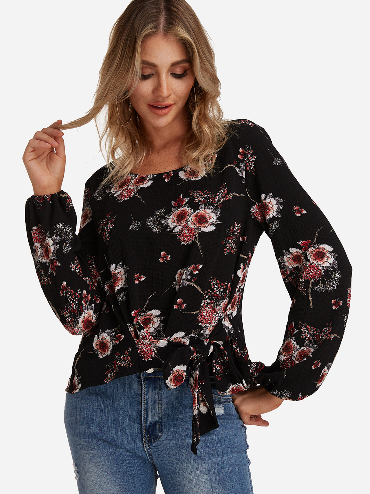 Black Tie-up Design Random Floral Print Round Neck Long Sleeves Blouse