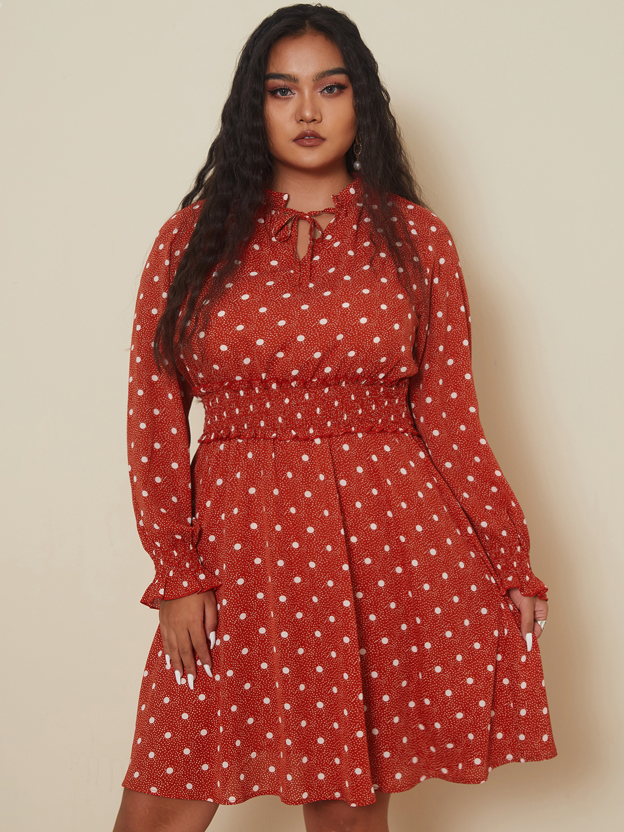 YOINS Plus Size Crew Neck Polka Dot Tie-up Design Long Sleeves Dress