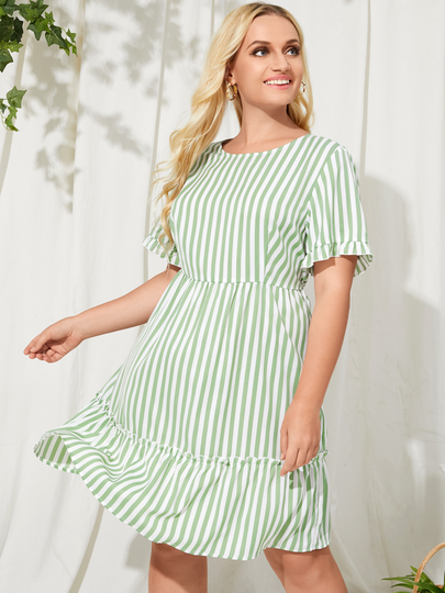 YOINS Plus Size Striped Button Keyhole Design Lettuce-Edge Short Sleeves Dress
