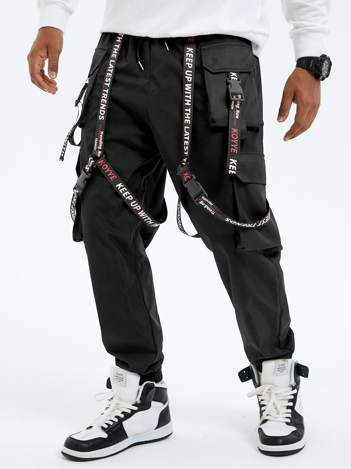 Men Street Style Buckle Ribbon Design Multi Pocket Drawstring Cargo Pants