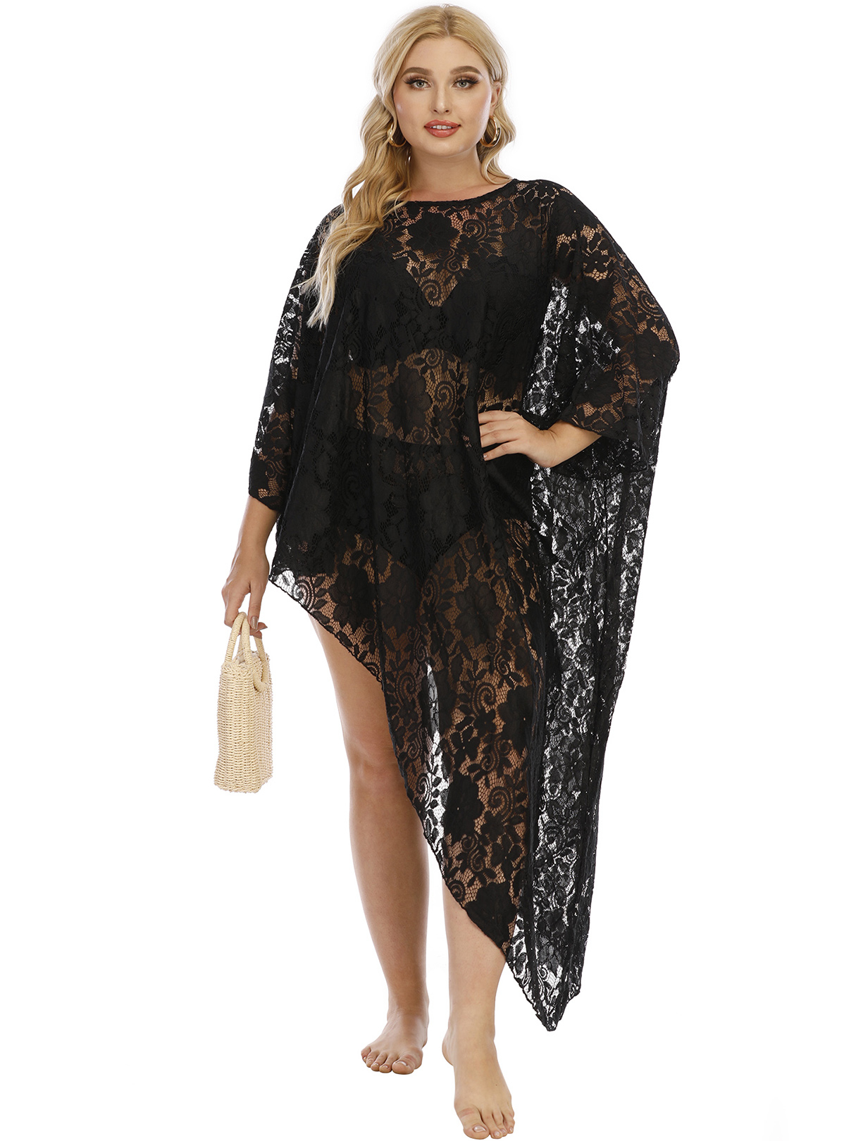 Plus Size Round Neck Lace 3/4 Length Sleeves Cover-Up