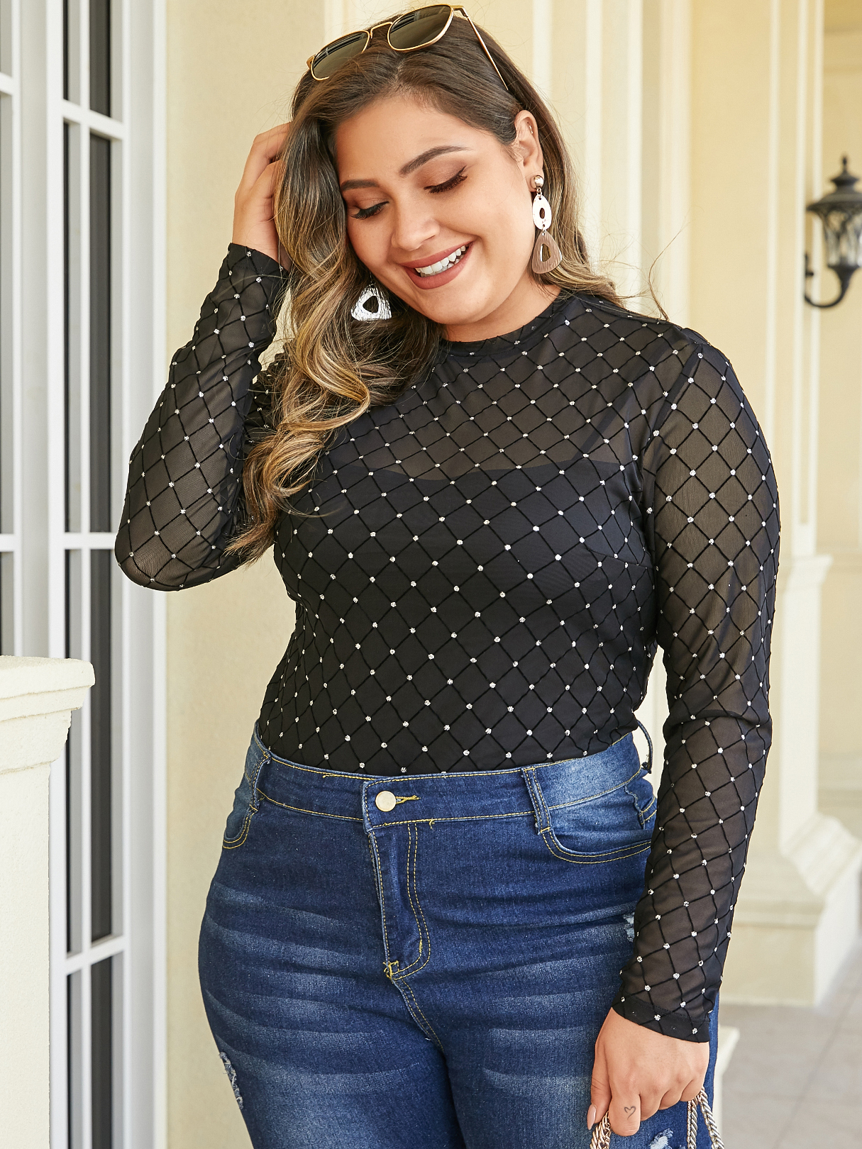 YOINS Plus Size Black Glitter Grid Round Neck Mesh Bodysuit