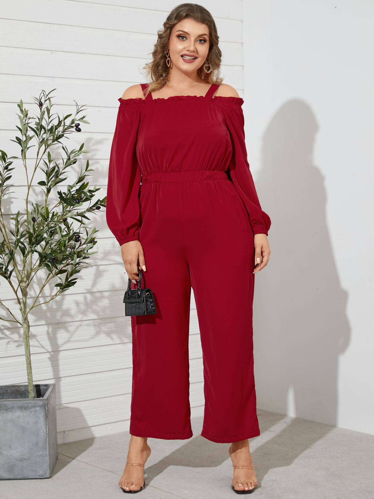 YOINS Plus Size Cold Shoulder Wide Leg Lettuce-edge Long Sleeves Jumpsuit
