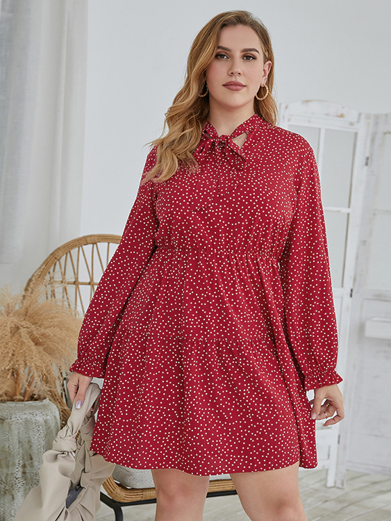 Plus Size Polka Dot Elastic Strap Tie-up Design Long Sleeves Mini Dress