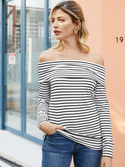 YOINS White Stripe Off The Shoulder Long Sleeves Knit Tee