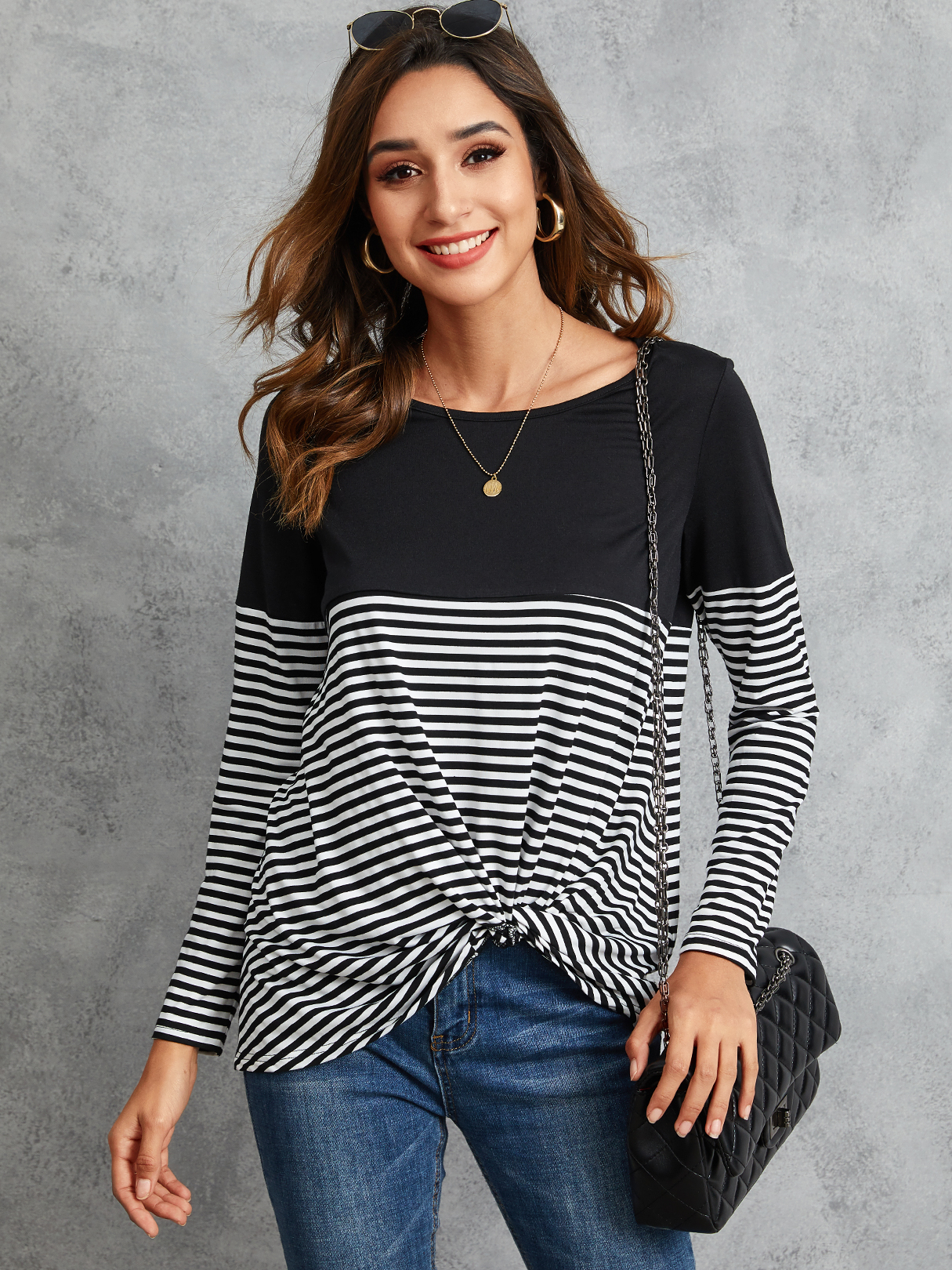 YOINS Black Twist Stripe Patchwork Round Neck Long Sleeves Tee