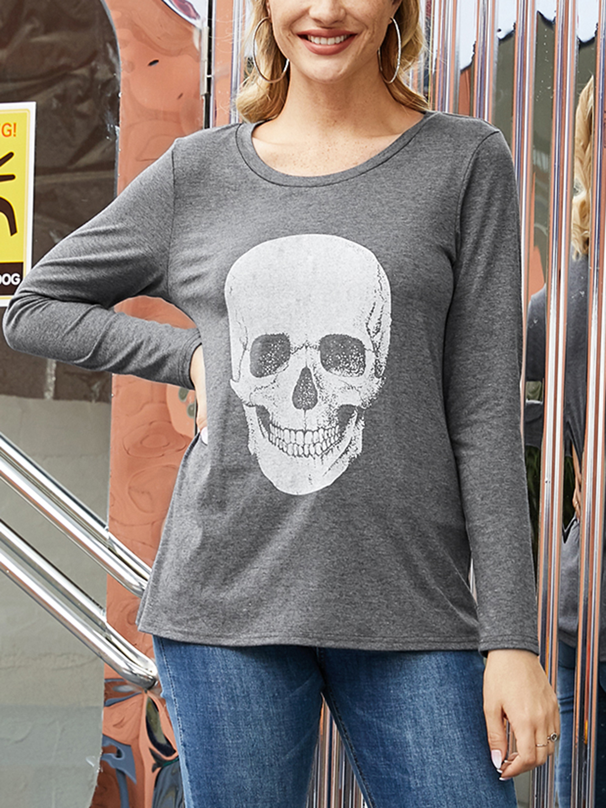 YOINS Grey Graphic Round Neck Design Long Sleeves Tee