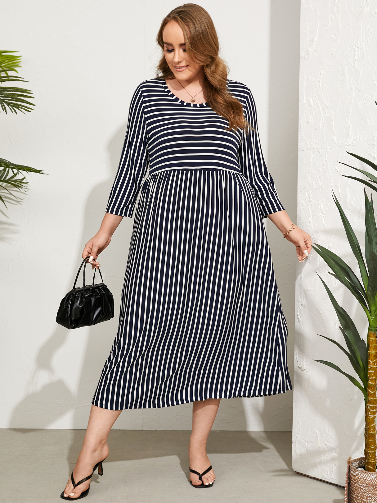 YOINS Plus Size Round Neck Striped 3/4 Length Sleeves Dress