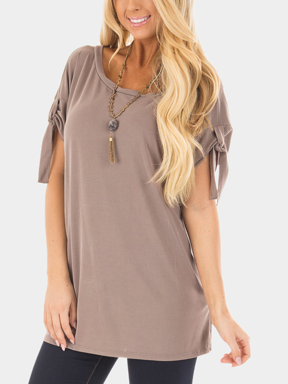 Khaki Lace-up Design Round Neck Short Sleeves T-shirts