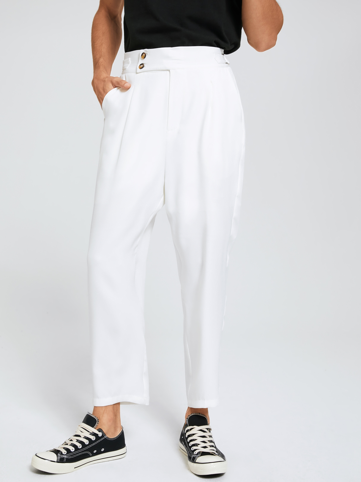 Men Fashion Solid Color Double Buckle Design High Waist Casual Pants