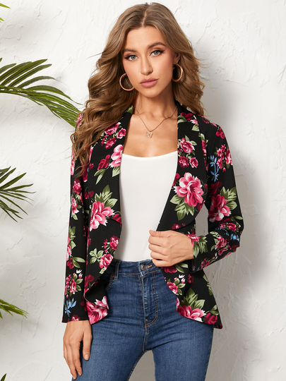 YOINS Black Random Floral Print Shawl Collar Blazer