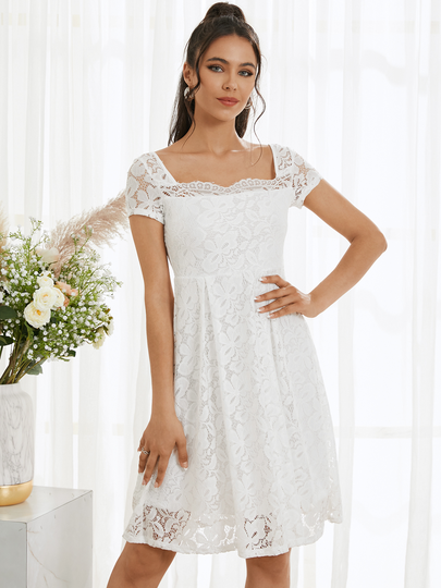YOINS Lace Semi Sheer Square Neck Short Sleeves Mini Dress