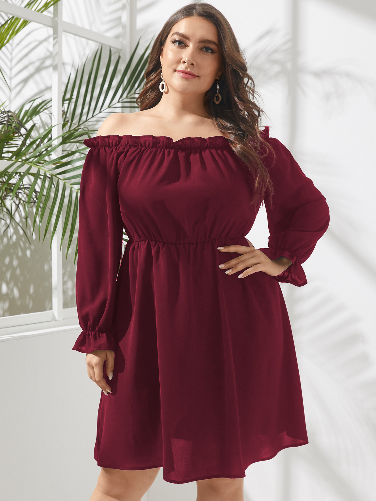 YOINS Plus Size Off The Shoulder Backless Design Long Sleeves Dress