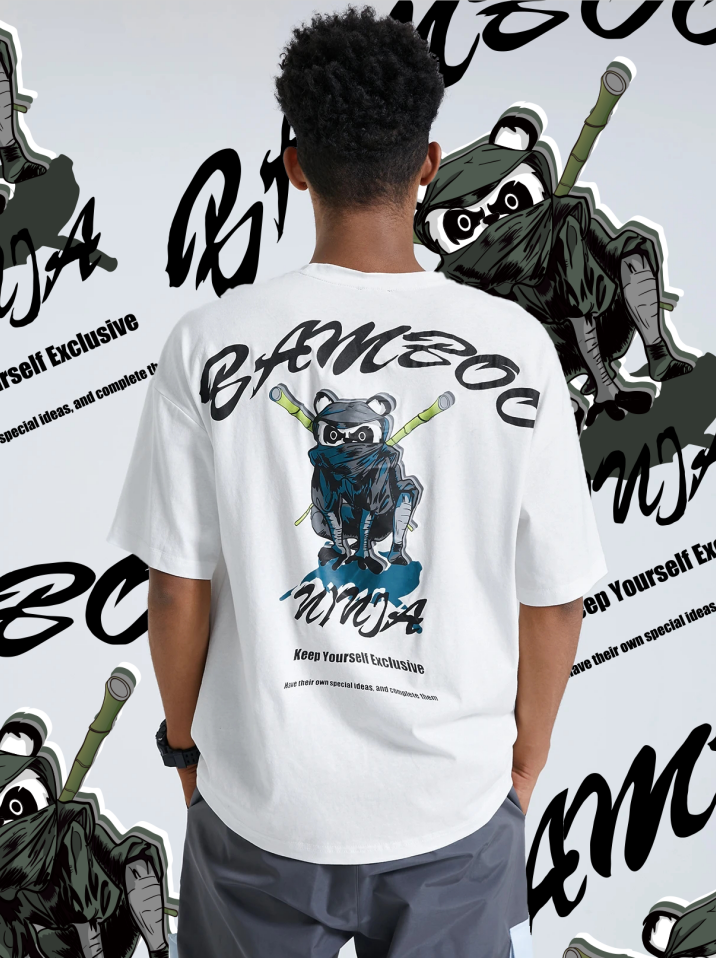 Men 100% Cotton Comfortable Cartoon Panda And Bamboo Printing T-Shirt