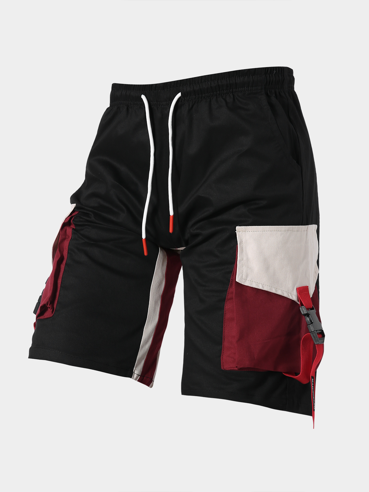 Men 100% Cotton Comfortable Side Ribbons Buckle Color Block Patchwork Drawstring Cargo Shorts