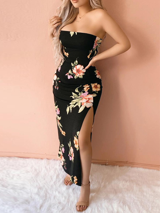 YOINS Tube Top High Slit Random Floral Print Sleeveless Dress