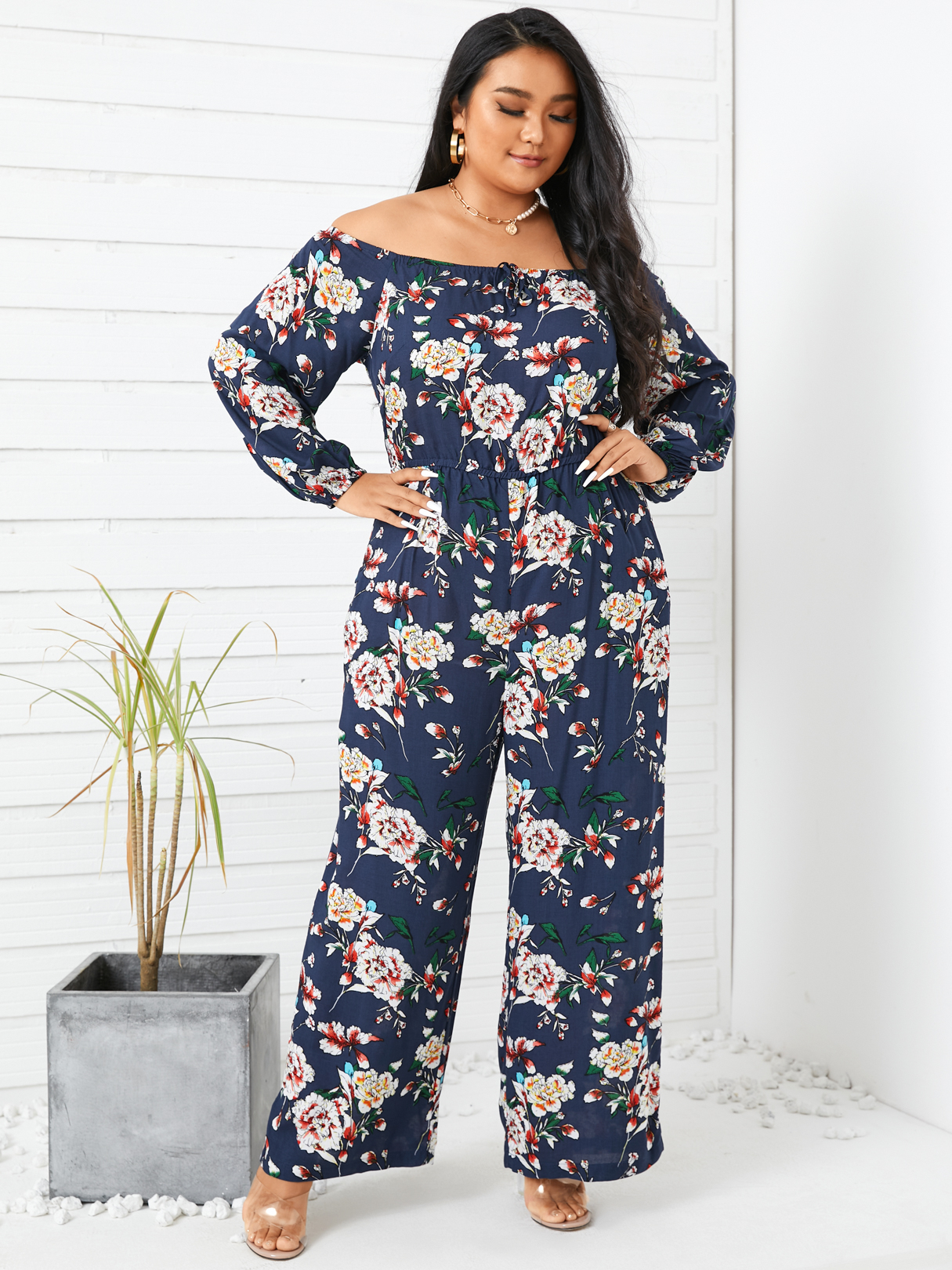 YOINS Plus Size Off The Shoulder Floral Print Wide Leg Long Sleeves Jumpsuit