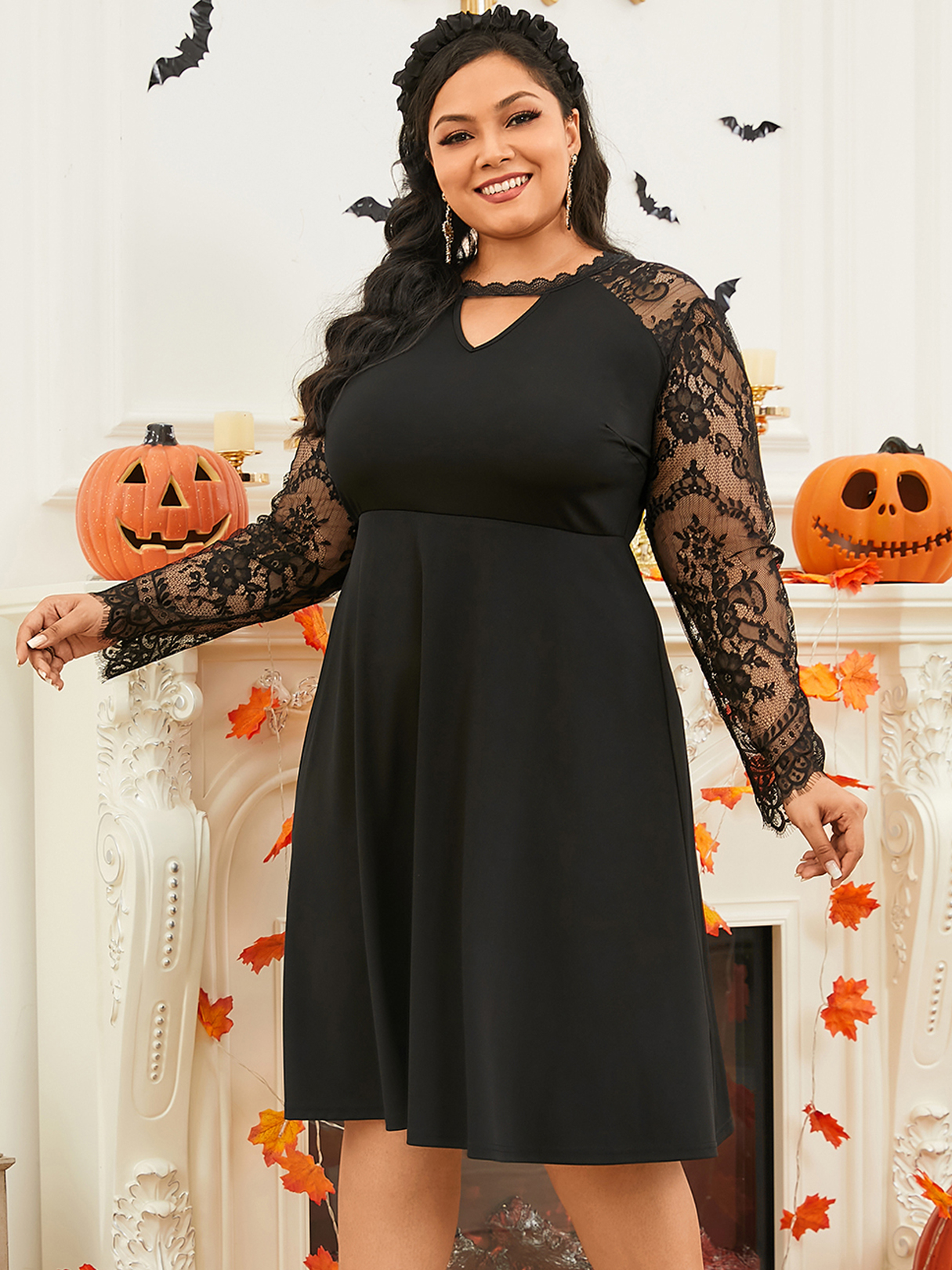 YOINS Plus Size Cut Out Lace Patchwork Design Long Sleeves Dress