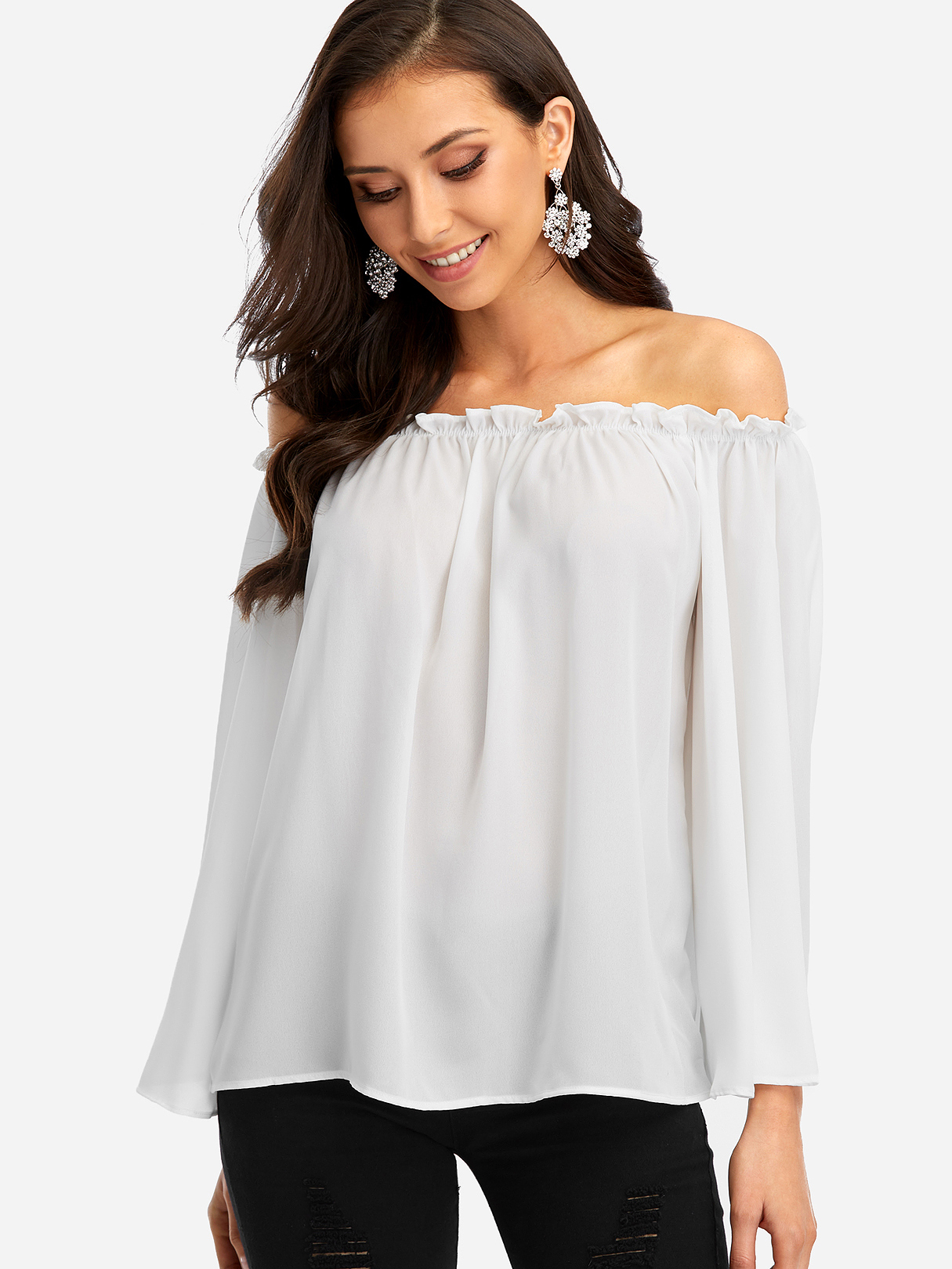 White Off Shoulder Chiffon Top with Long Sleeves