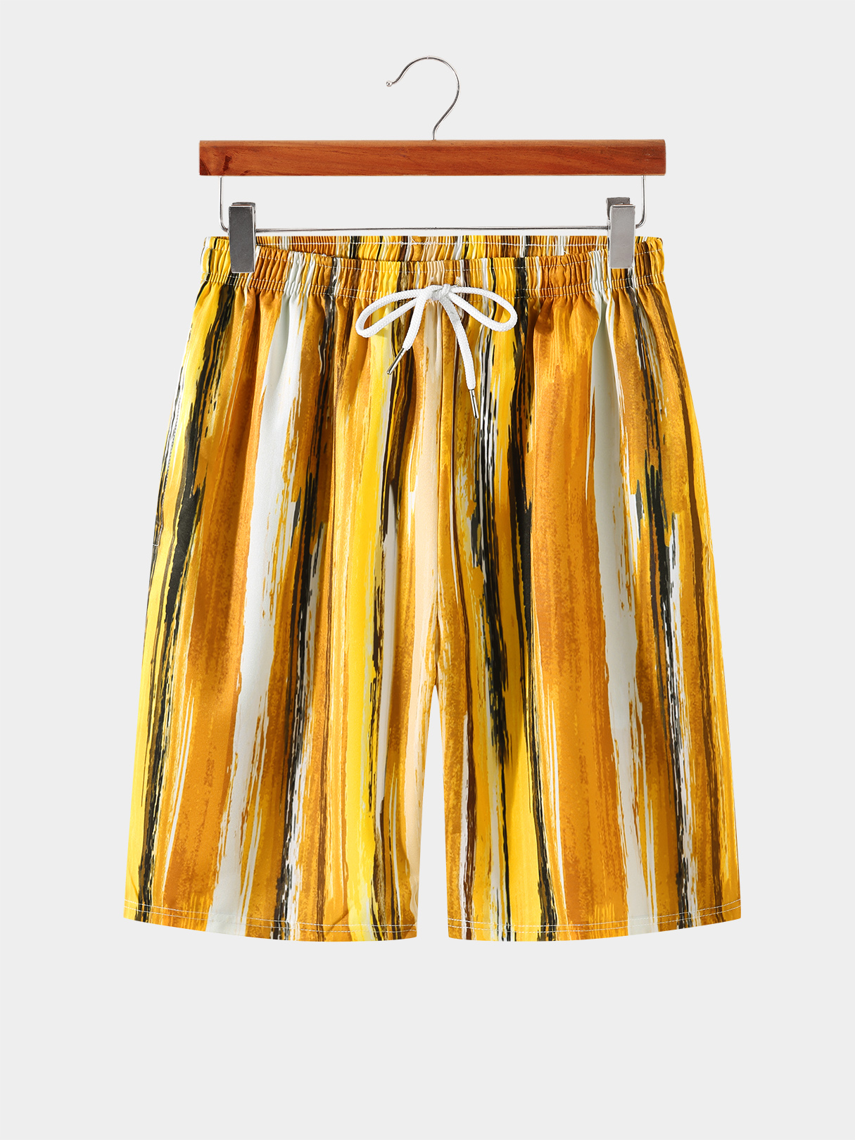 Men Casual Yellow Striped Print Drawstring Shorts