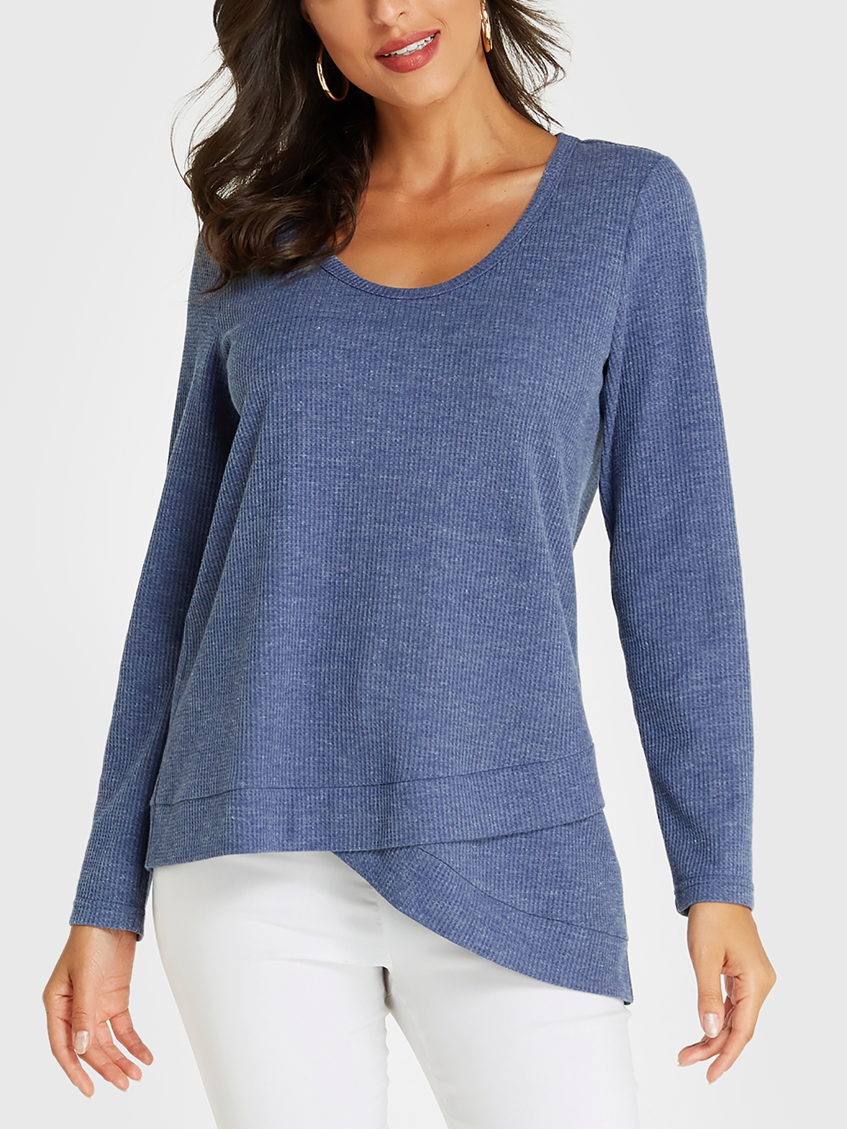 YOINS Blue Round Neck Long Sleeves Tee