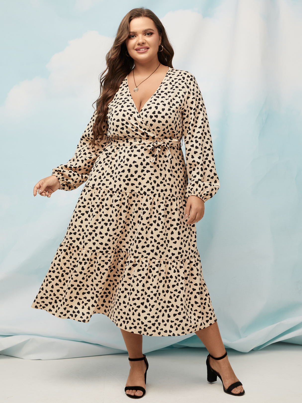 YOINS Plus Size V-neck Polka Dot Belt Design Crossed Front Design Long Sleeves Dress