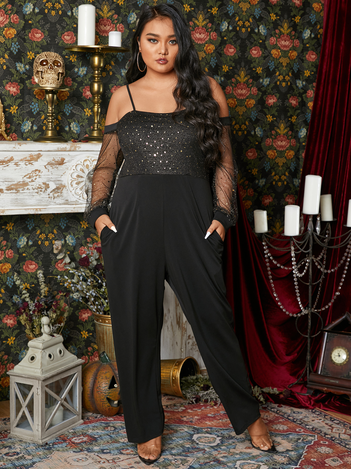 YOINS Plus Size Halloween Cold Shoulder Spaghetti Strap Long Sleeves Jumpsuit