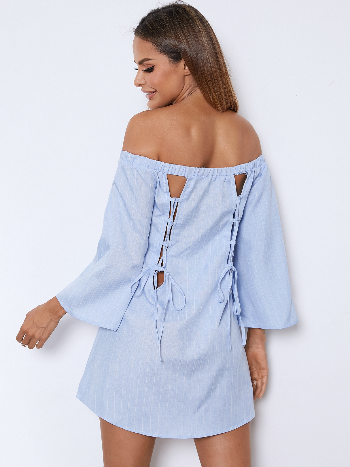 YOINS Off Shoulder Lace Up Stripe Pattern Mini Dress