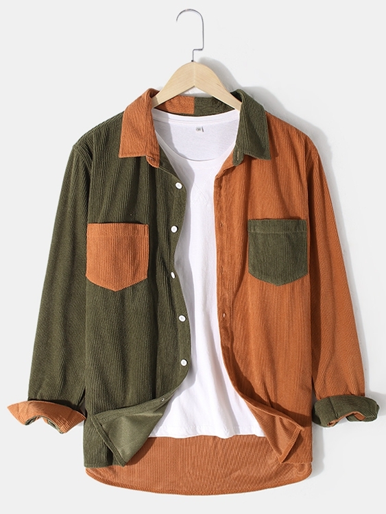 Newchic Men Color Block Double Pockets Corduroy Shirt