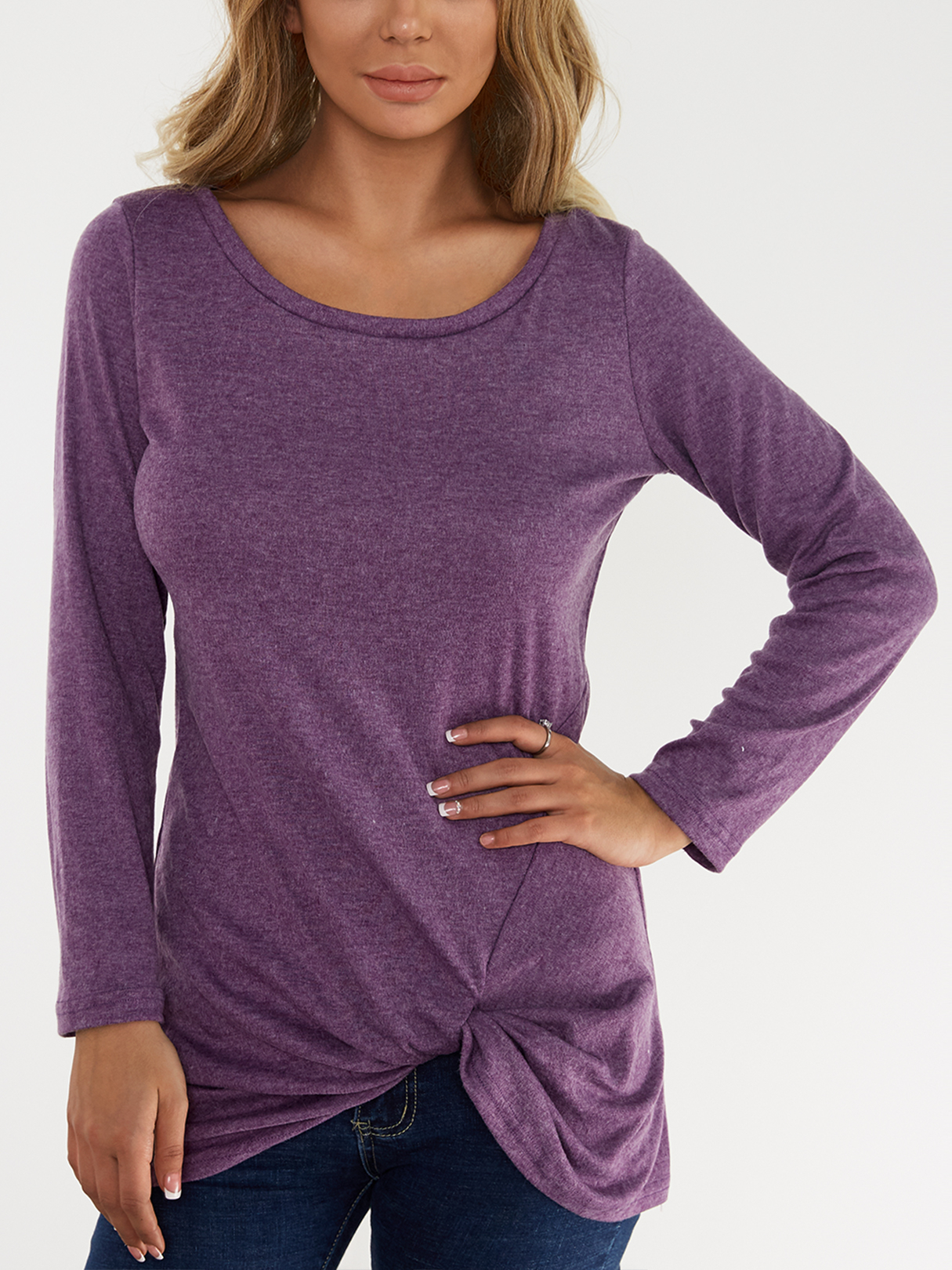 Purple Pleated Design Round Neck Long Sleeves T-shirts