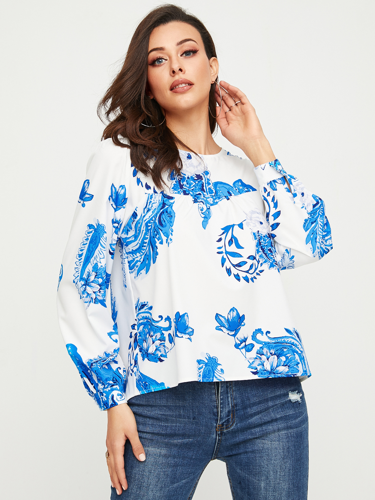 YOINS Blue Button Design Tropical Round Neck Long Sleeves Blouse