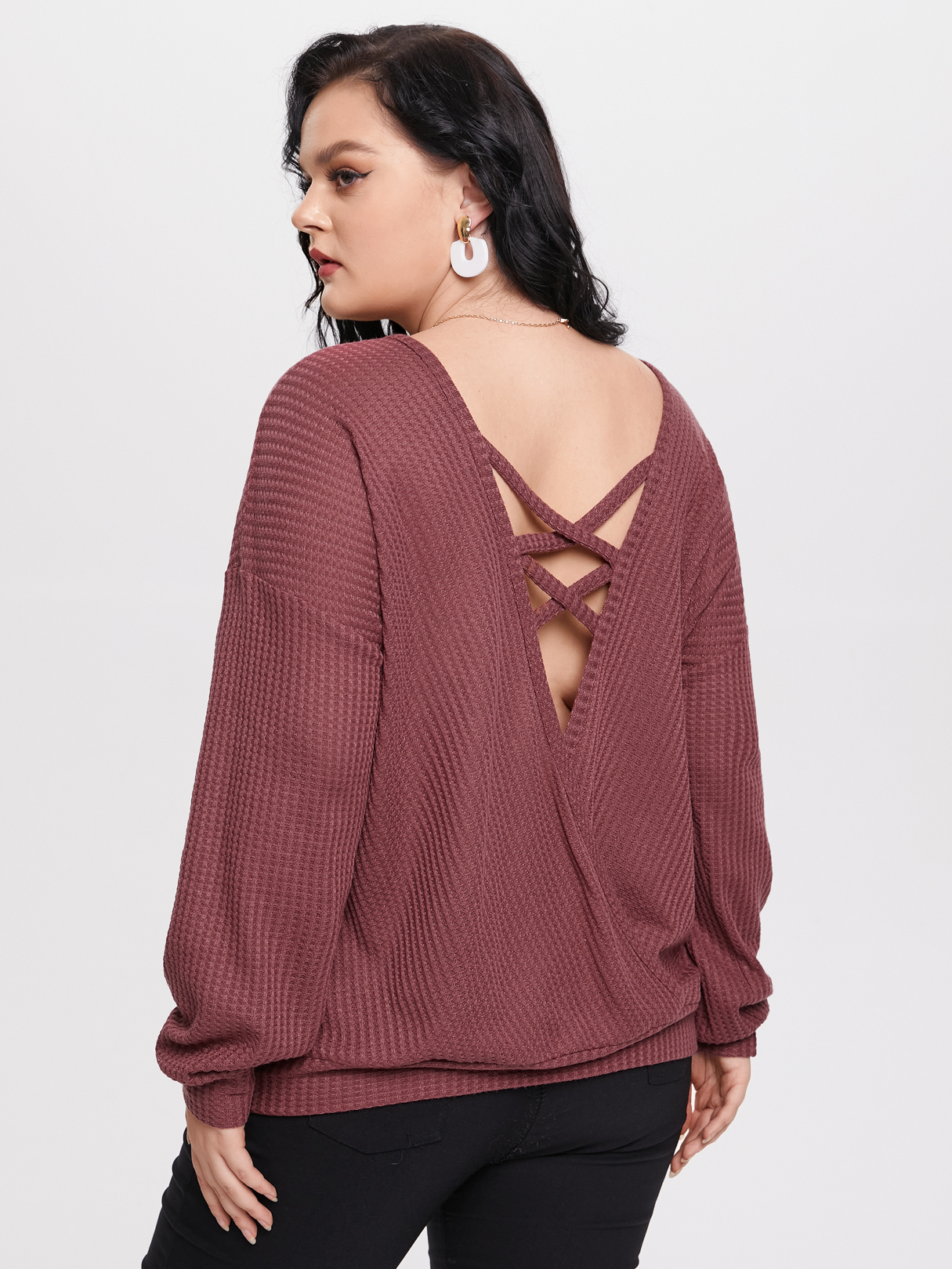 YOINS Plus Size Round Neck Criss-Cross Waffle Knit Knitwear