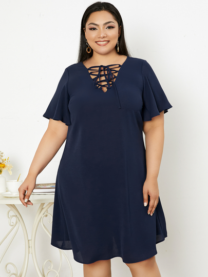 YOINS Plus Size Lace-Up Design Short Sleeves Dress