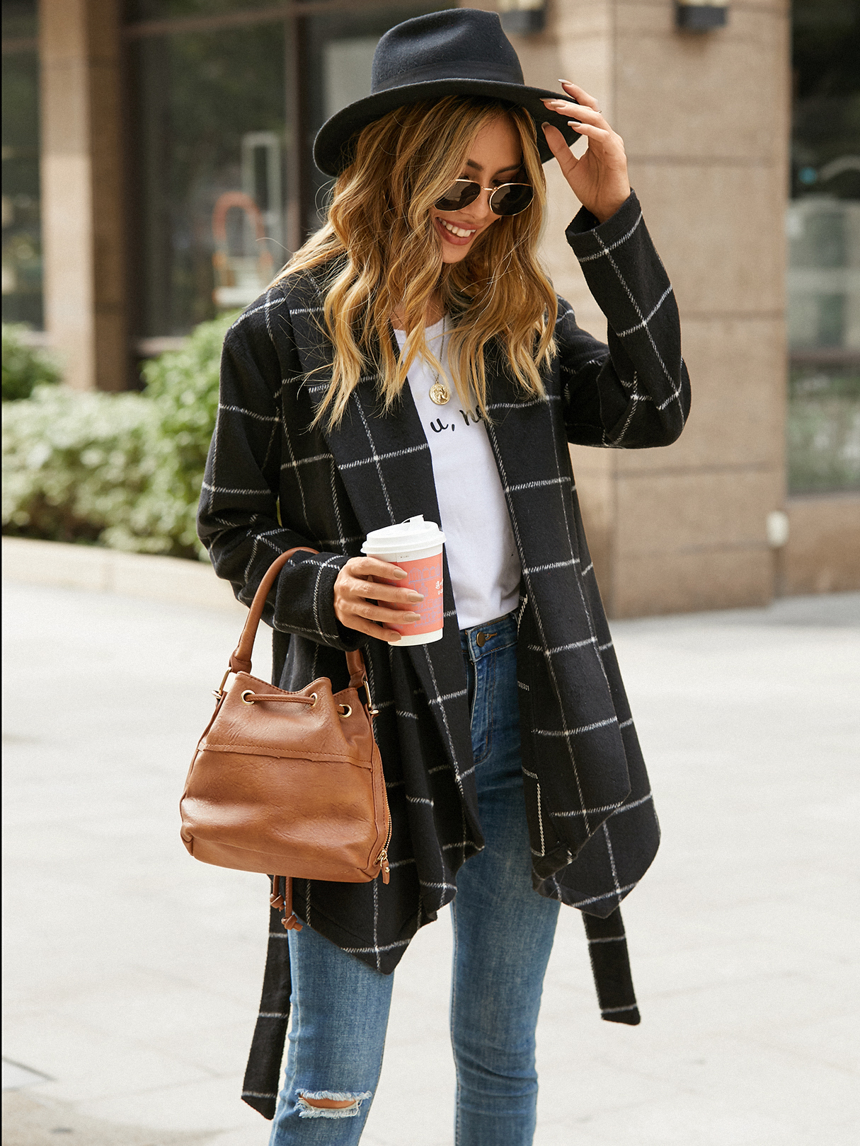 YOINS Black Plaid Belt Design Asymmetrical Hem Coat