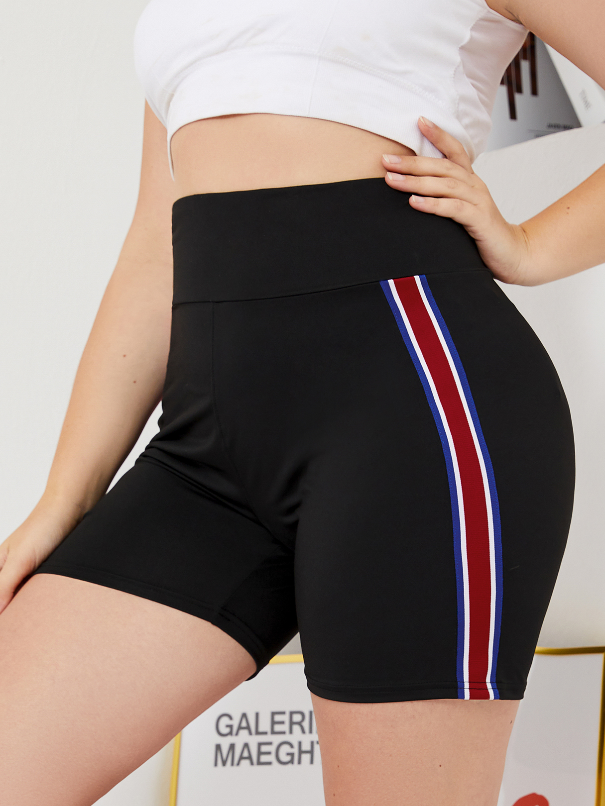YOINS Plus Size Black Striped Patchwork Shorts