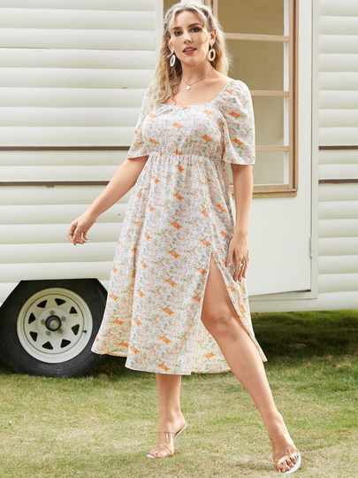 YOINS Plus Size Square Neck Calico Slit Design Short Sleeves Midi Dress