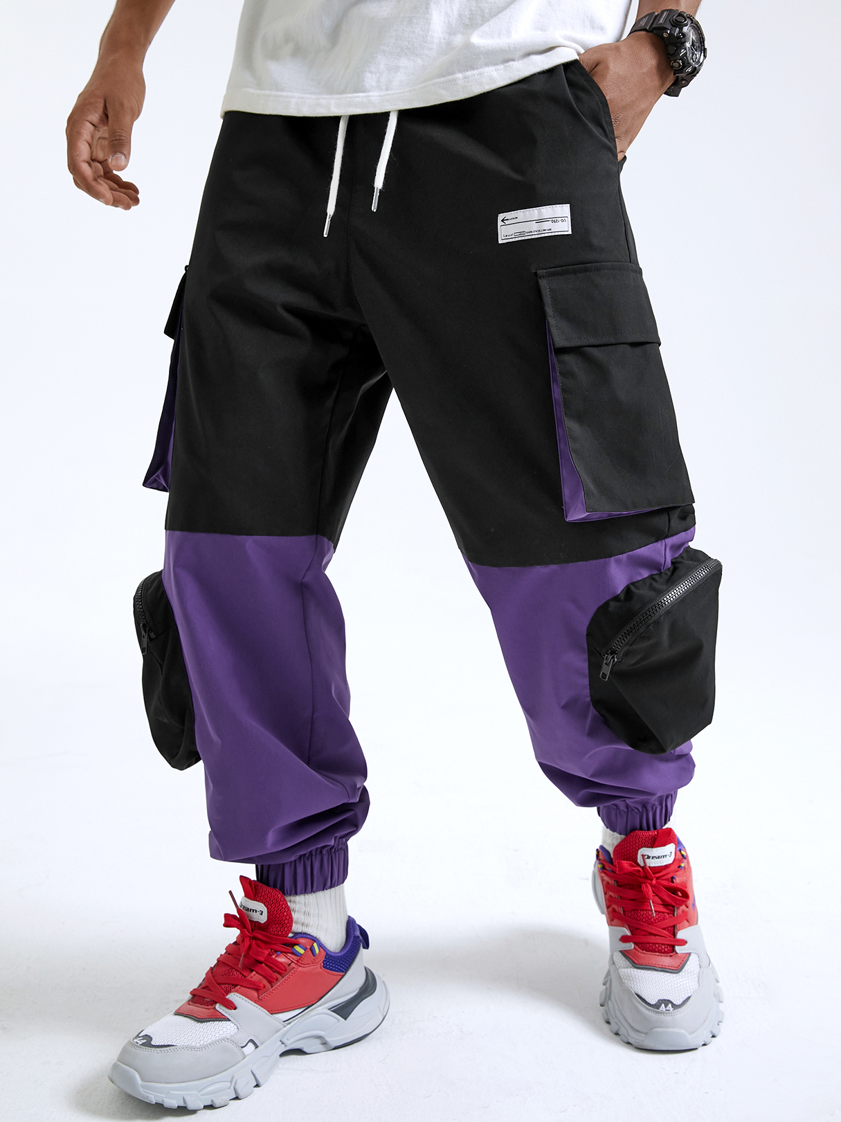 Men Hip Hop Style Color Block Splicing Zip Pockets Cargo Pants