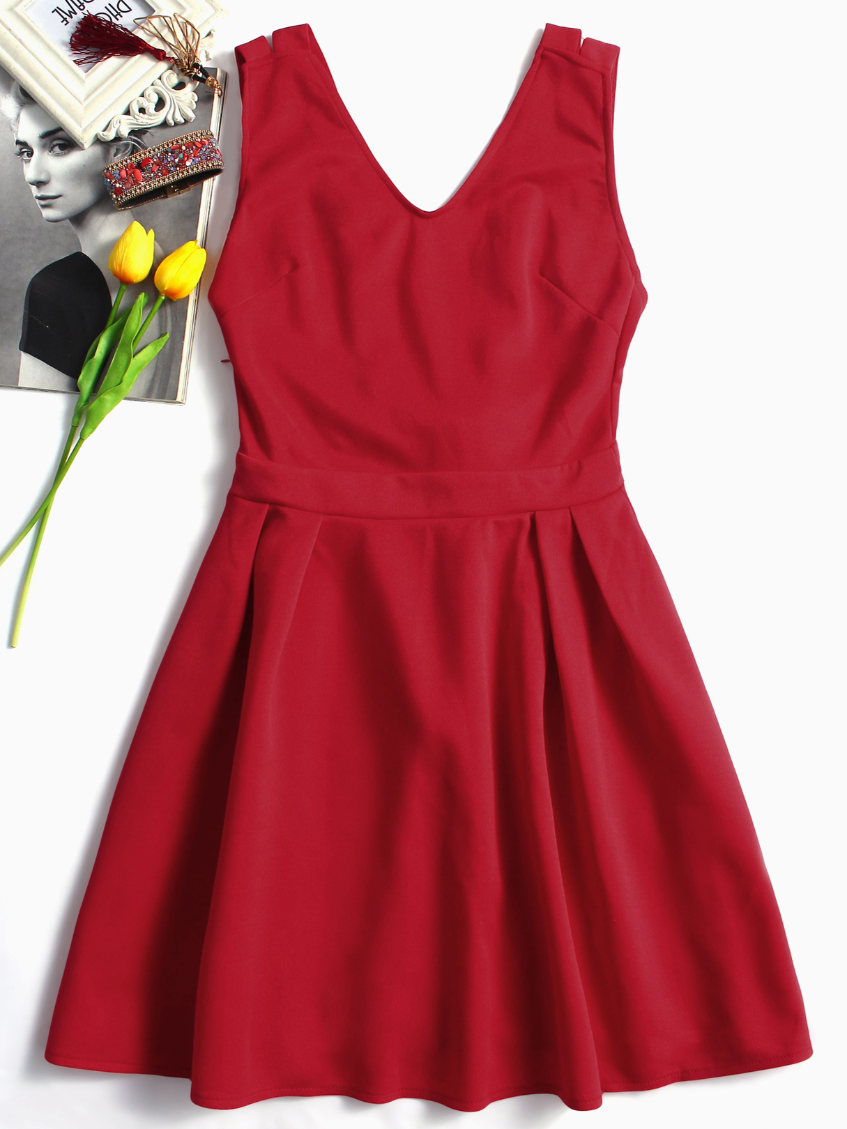 Red V Neck Bowkont Back SKater Dresses