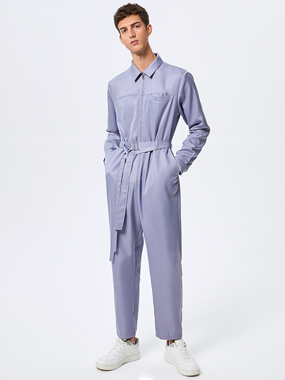 Men Fashion Buckle Belt Design Long Sleeve Overalls Jumpsuit