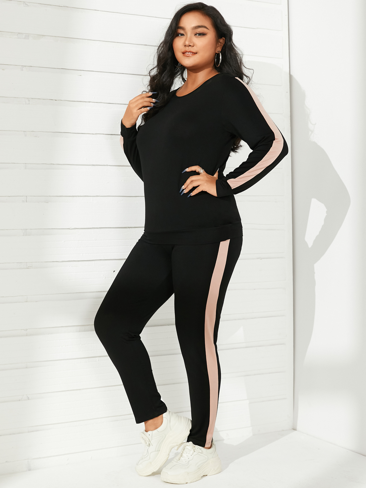 Plus Size Crew Neck Striped Long Sleeves Two Piece Outfit