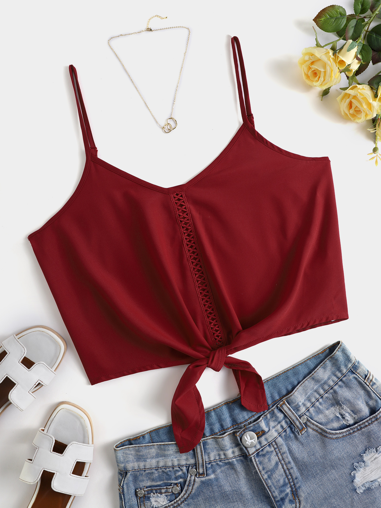 YOINS Burgundy Knotted Design V-neck Crop Top