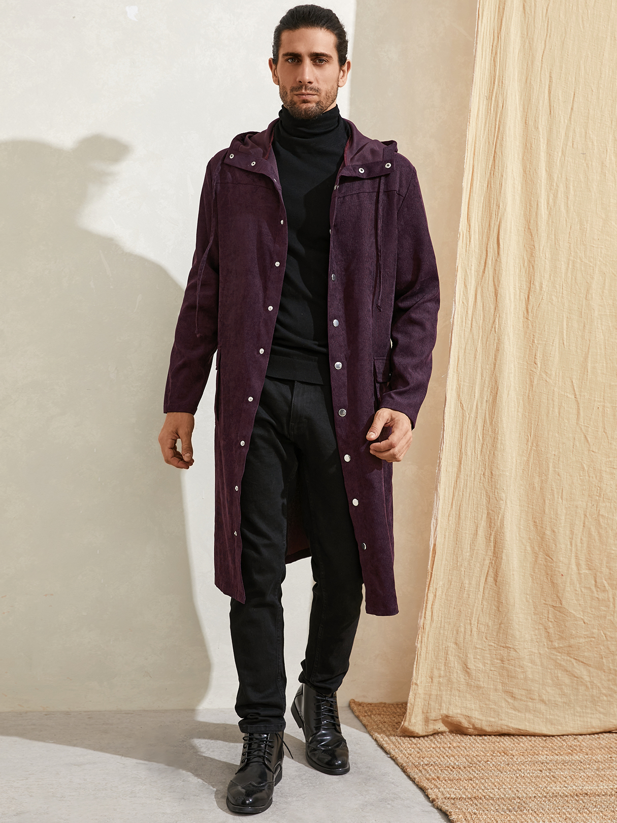 Men Autumn Corduroy Comfortable Mid-length Hooded Casual Coat