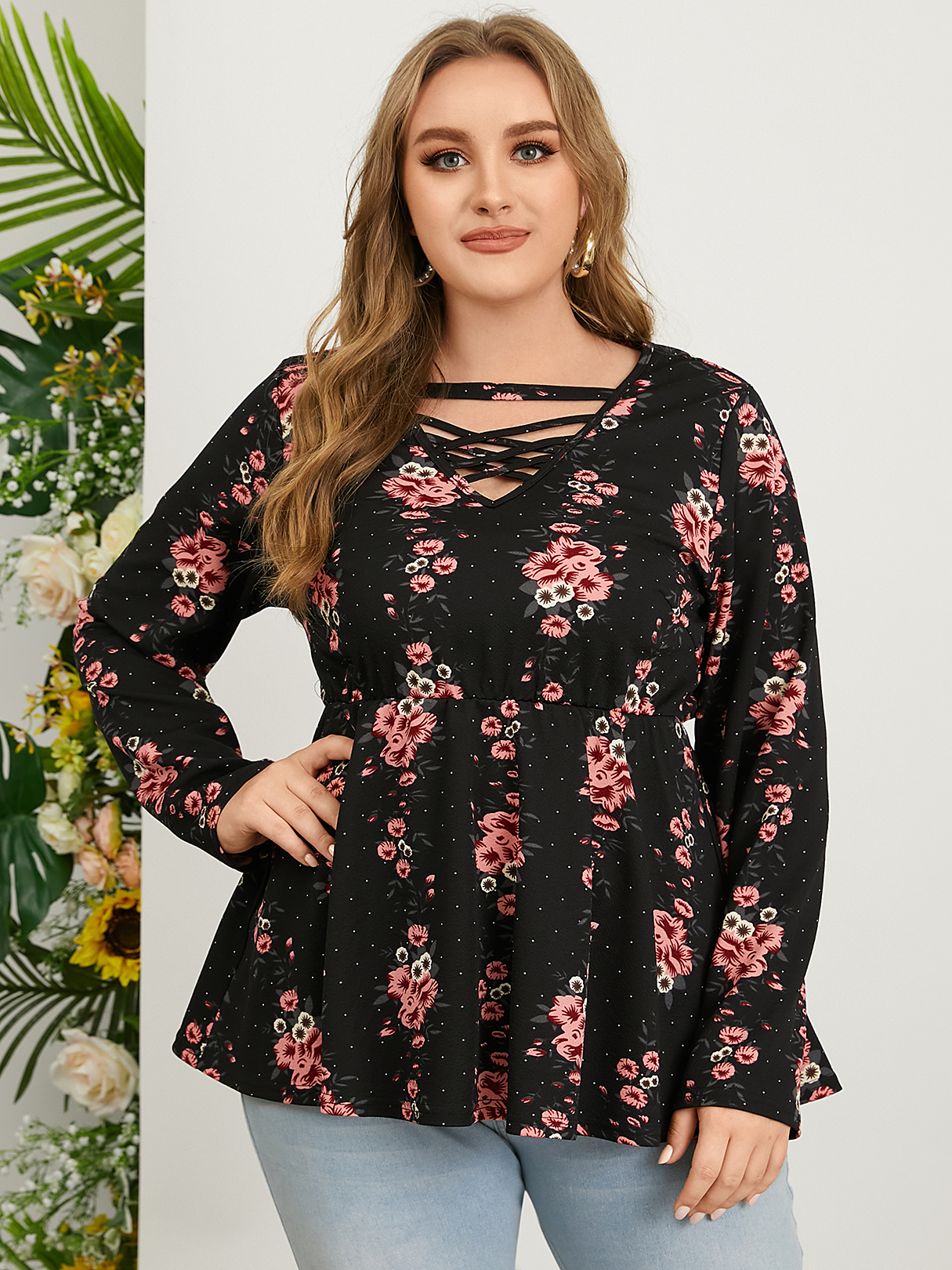 YOINS Plus Size Round Neck Floral Print Criss-Cross Long Sleeves Blouse