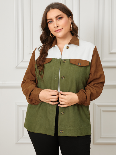 YOINS Plus Size Classic Collar Color Block Button Design Pocket Long Sleeves Jacket