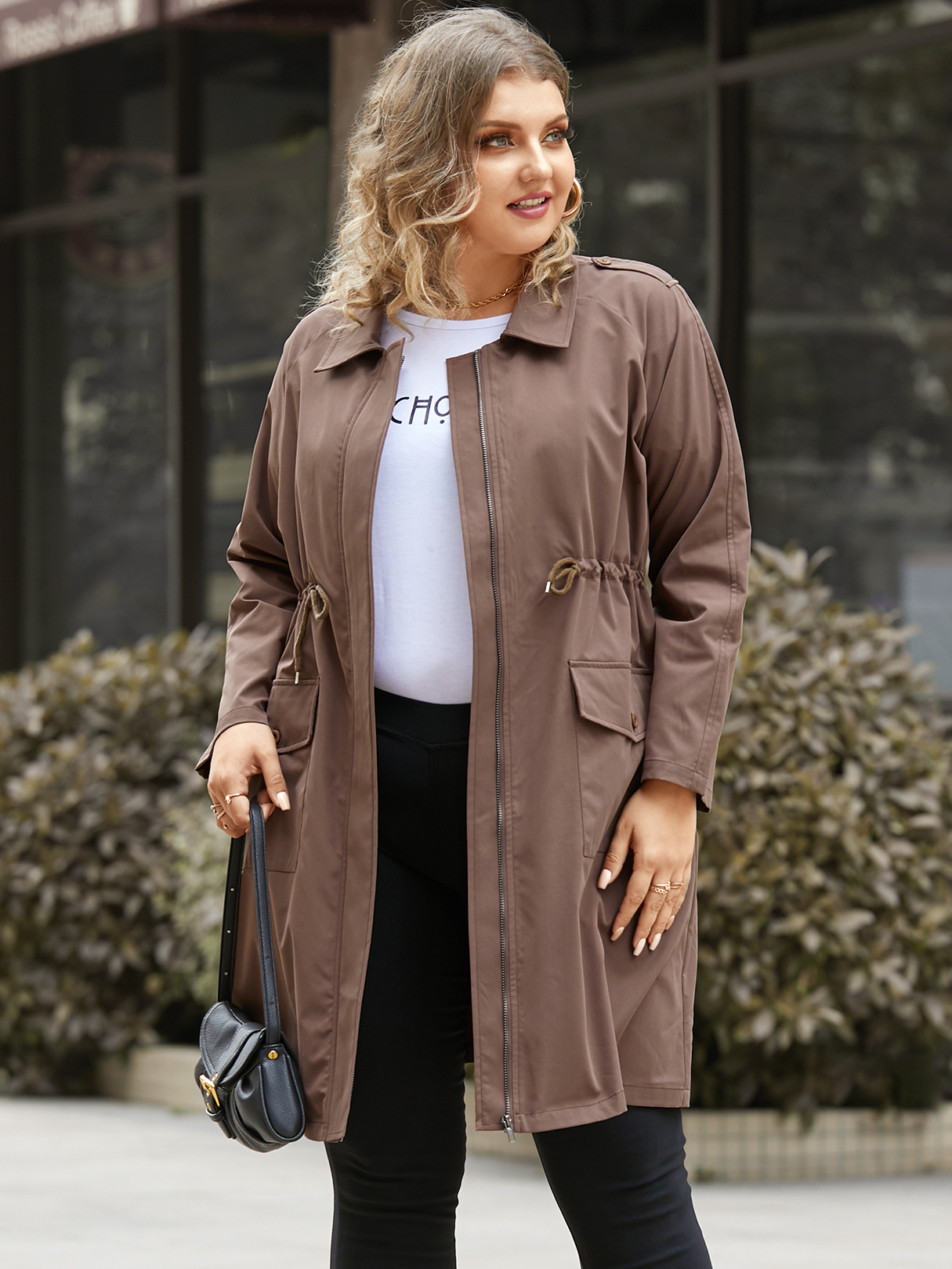 YOINS Plus Size Drawstring Pocket Design Zip Design Long Sleeves Coat