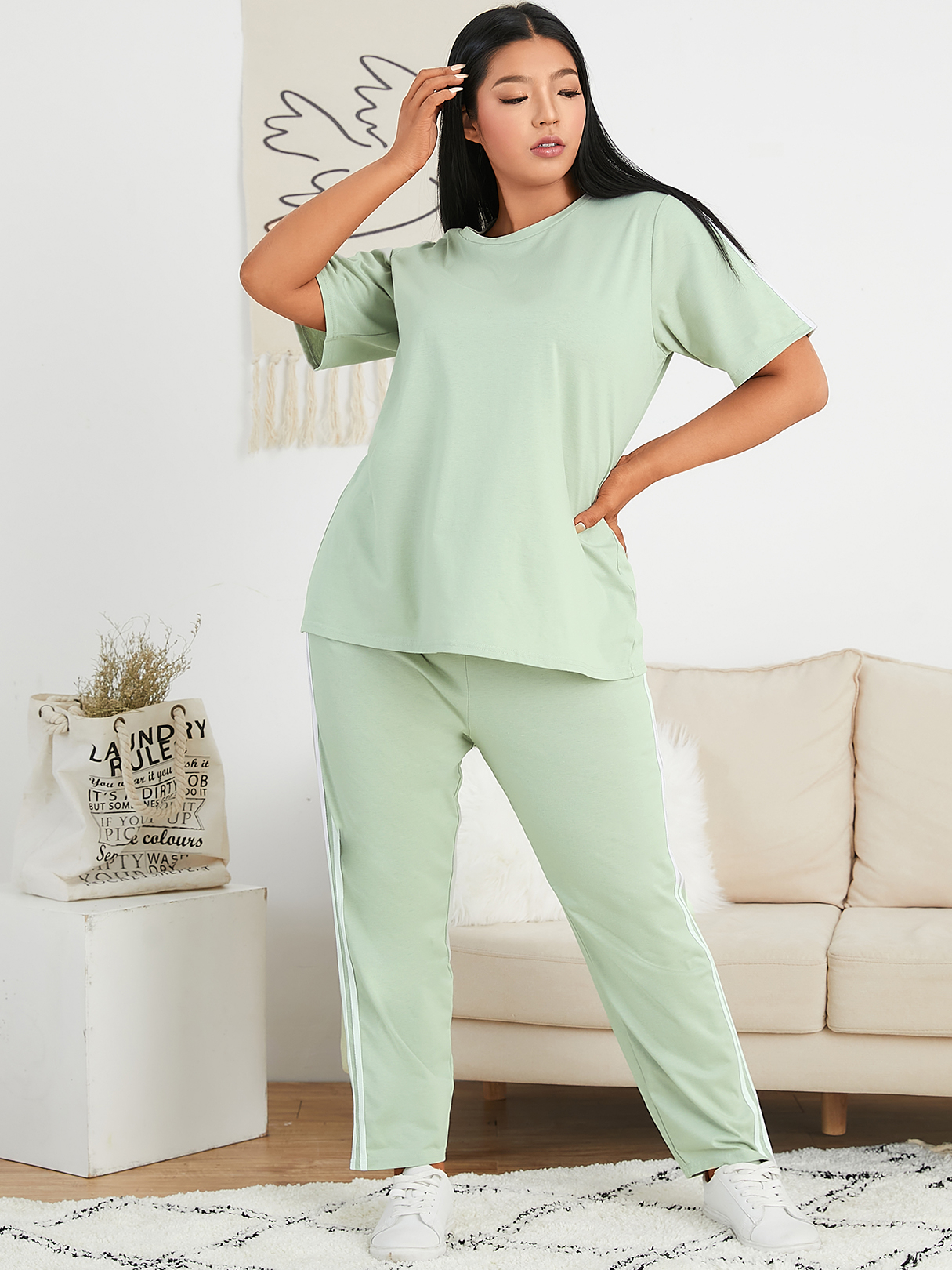 YOINS Plus Size Crew Neck Striped Knit Short Sleeves Two Piece Outfit