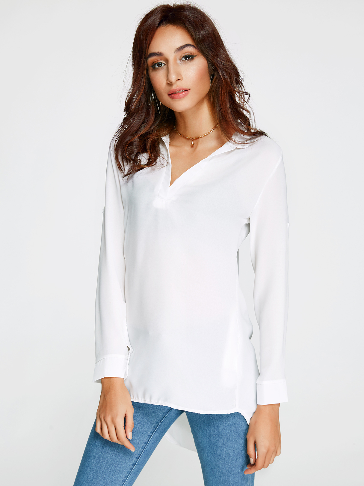 YOINS BASICS White V neck Irregular Hem Top