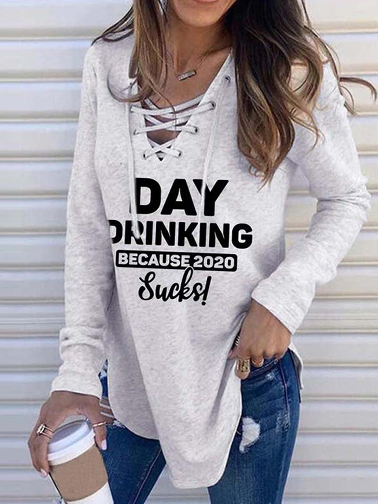Grey Letter Criss-cross Lace-up Design V-neck Long Sleeves Sweatshirt
