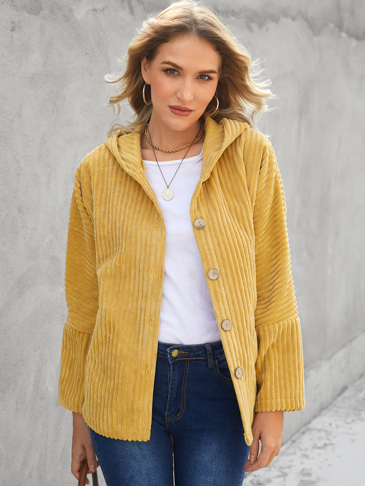 YOINS Yellow Corduroy Hooded Design Long Sleeves Coat