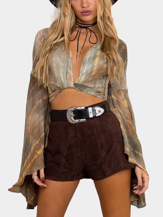 Tie Dye Wrap Random Print Oversized Bell Sleeves Crop Top